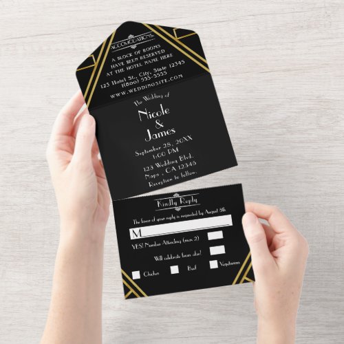 Black  Gold Retro Vintage 20s Deco Wedding  All In One Invitation