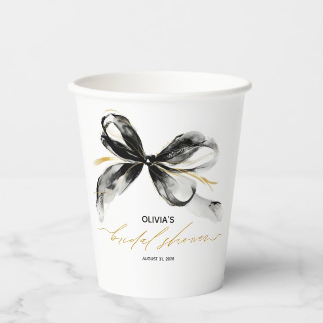 Black Gold Ribbon Bow Whimsical Bridal Shower Paper Cups (Front)