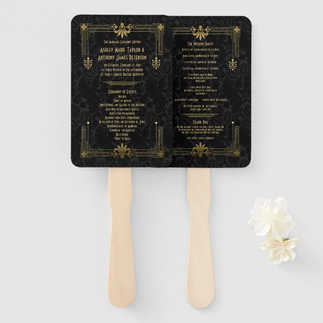 Black Gold Roaring 20s Art Deco Hand Fan (Front and Back)