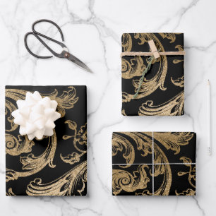 Black Gold Rococo Baroque Swirl  Wrapping Paper Sheets
