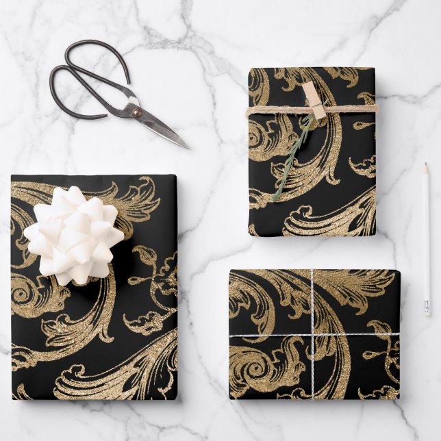 Black Gold Rococo Baroque Swirl  Wrapping Paper Sheets (Front)