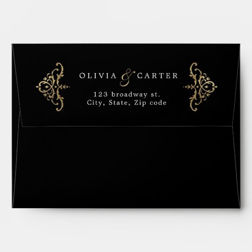 Black gold romantic vintage wedding return address envelope