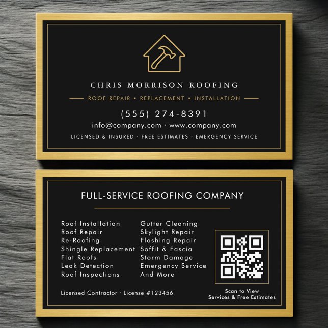 Black Gold Roofing Construction Services QR Code Business Card (Creator Uploaded)
