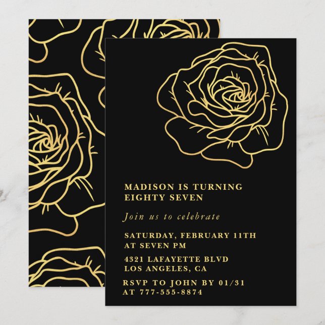 Black Gold Rose 87th birthday invitations  (Front/Back)