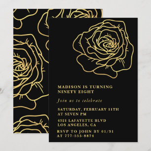 Black Gold Rose 98th birthday invitations 