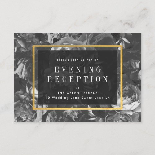 Black Gold Rose Bouquet Wedding Reception Card