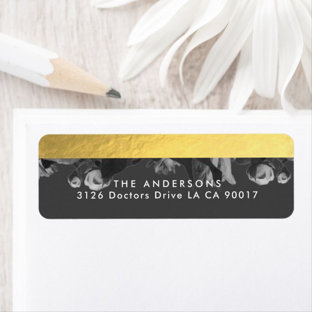 Black Gold Rose Bouquet Wedding return address Label (Insitu)