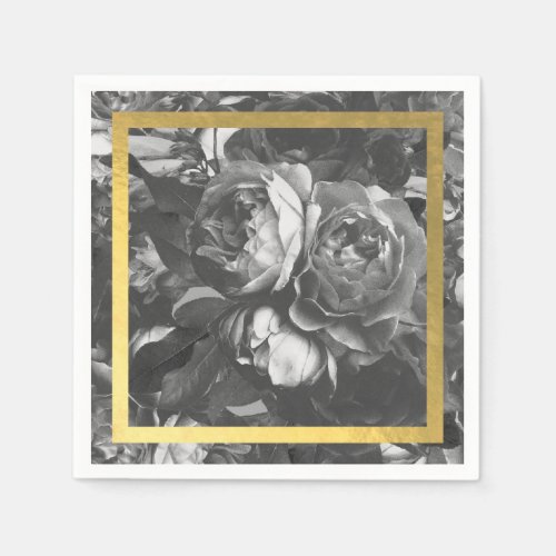 Black Gold Rose Bouquet Wedding Table Napkins