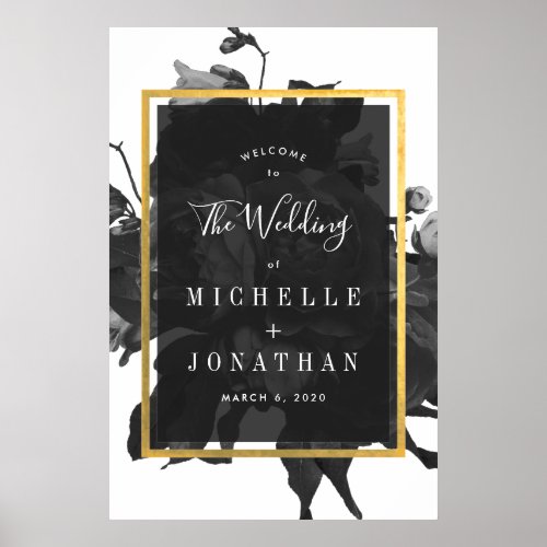 Black Gold Rose Bouquet Wedding Welcome Poster