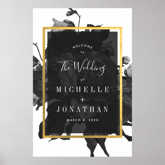 Black Gold Rose Bouquet Wedding Welcome Poster (Front)