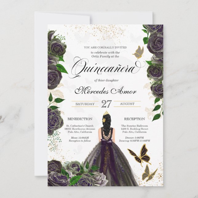 Black & Gold Rose Butterfly Mariposa Quinceanera  Invitation (Front)