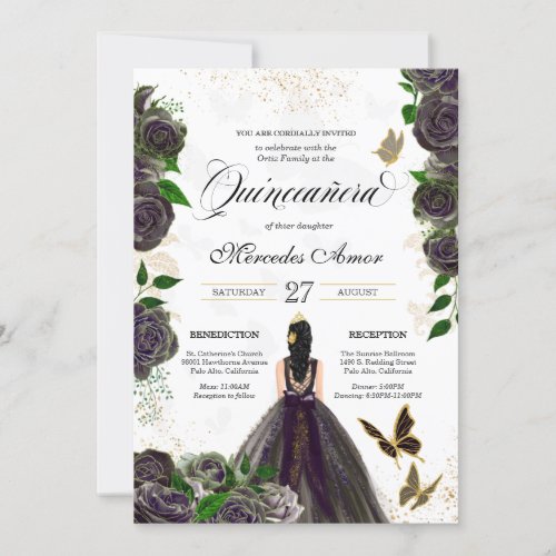 Black  Gold Rose Butterfly Mariposa Quinceanera  Invitation