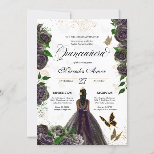 Black  Gold Rose Butterfly Mariposa Quinceanera   Invitation