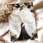Black Gold Rose Floral Princess Dress Quinceañera  Invitation<br><div class="desc">Personalize this lovely black and gold floral quinceañera invitation card with your own wording easily and quickly. Simply click the "Edit Using Design Tools" button to modify the text, wording, font style, font size, and font color. You can also add or remove text, and move or remove images. The crown...</div>