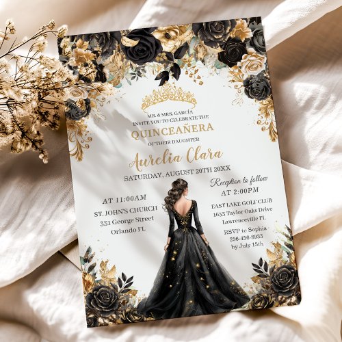 Black Gold Rose Floral Princess Dress Quinceaera  Invitation