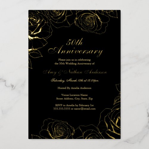 Black Gold Rose Garden 50th Wedding Anniversary  Foil Invitation