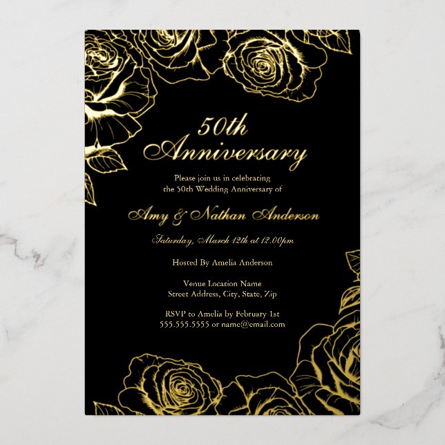 Black Gold Rose Garden 50th Wedding Anniversary  Foil Invitation (Front)