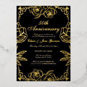 Black Gold Rose Garden 50th Wedding Anniversary Foil Invitation