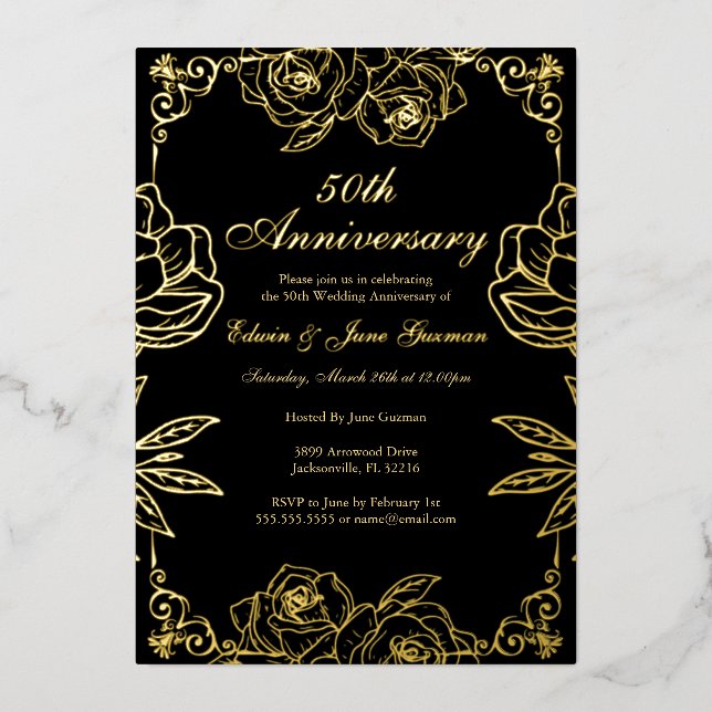 Black Gold Rose Garden 50th Wedding Anniversary Foil Invitation (Front)