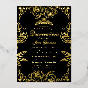 Black Gold Rose Garden Quinceanera Foil Invitation