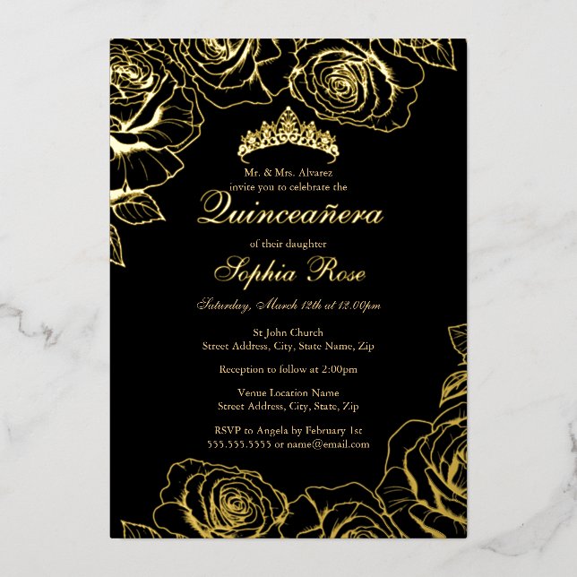 Black Gold Rose Garden Quinceanera  Foil Invitation (Front)