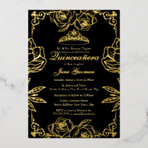 Black Gold Rose Garden Quinceanera Foil Invitation