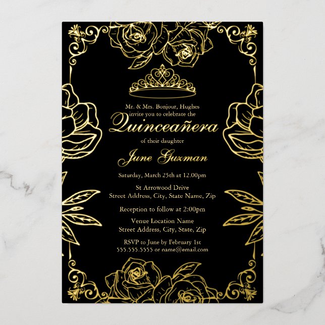 Black Gold Rose Garden Quinceanera Foil Invitation (Front)