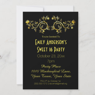 Black Gold Rose Glamour Theme Sweet 16 Birthday Invitation