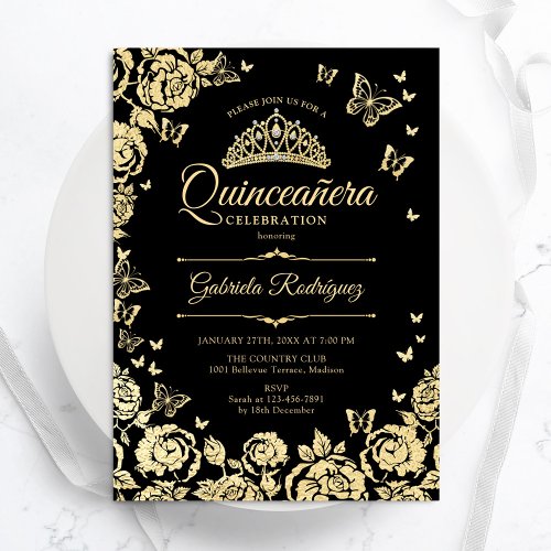 Black Gold Roses Butterflies Quinceanera Invitation