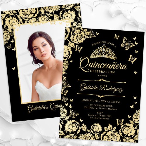 Black Gold Roses Butterflies Quinceanera Photo Invitation