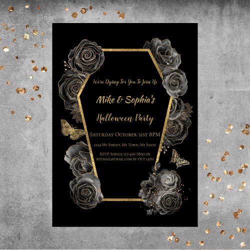 Black  Gold Roses Coffin Adult Halloween Party Invitation