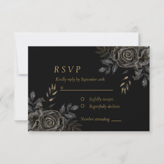 Black & Gold Roses Coffin Gothic Elegant RSVP Card