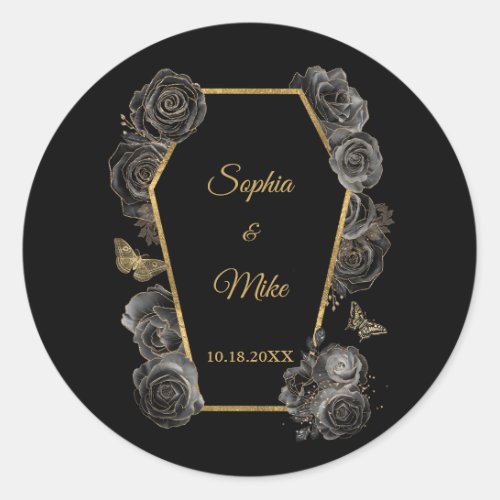 Black  Gold Roses Coffin Gothic Elegant Wedding  Classic Round Sticker