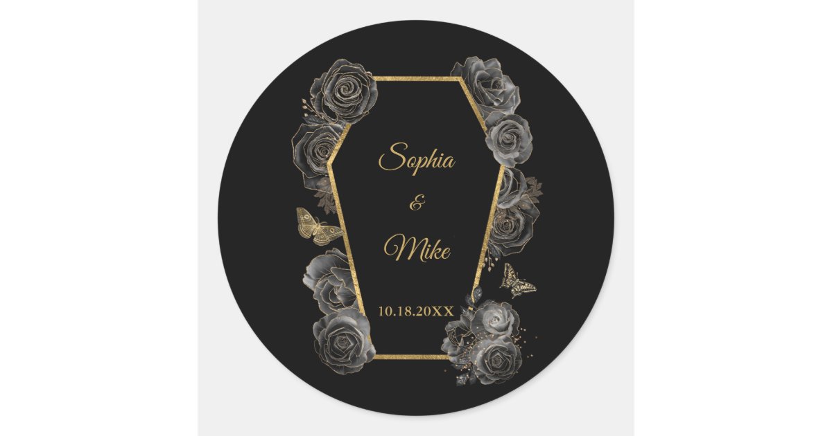 Black & Gold Roses Coffin Gothic Elegant Wedding Classic Round Sticker ...