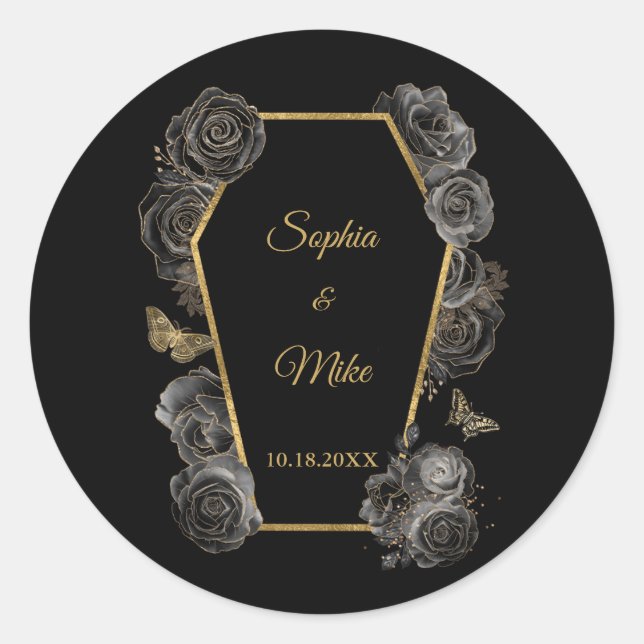 Black & Gold Roses Coffin Gothic Elegant Wedding  Classic Round Sticker (Front)
