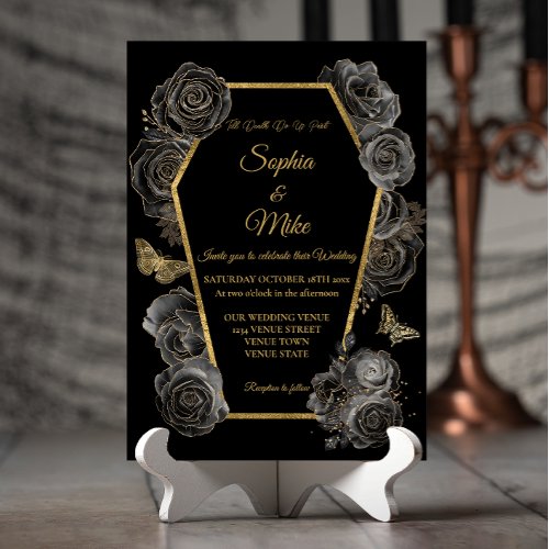 Black  Gold Roses Coffin Gothic Elegant Wedding  Invitation