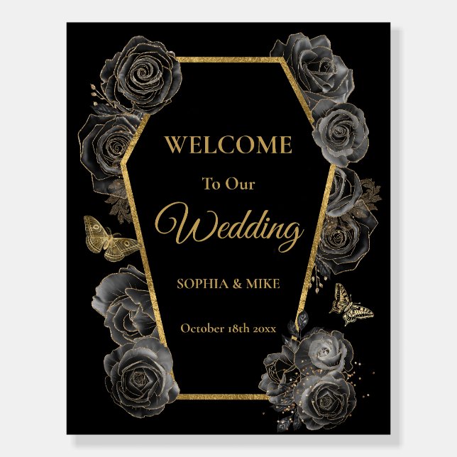 Black & Gold Roses Coffin Wedding Welcome Sign  (Front)