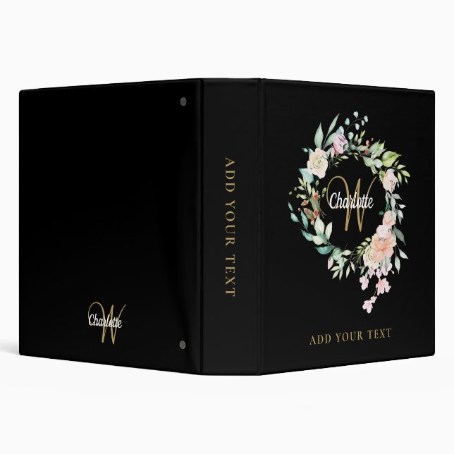 Black Gold Roses Floral Monogram Office School 3 Ring Binder (Background)