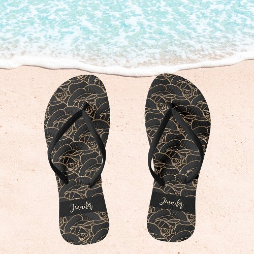 Black gold roses flowers name script flip flops