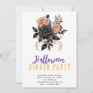 Black & Gold Roses Gothic Halloween Dinner Party Invitation