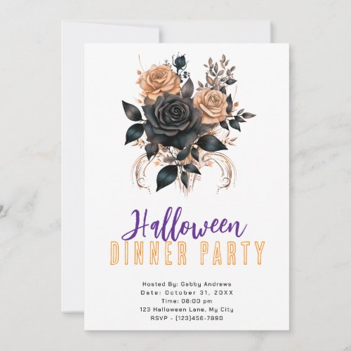 Black  Gold Roses Gothic Halloween Dinner Party Invitation