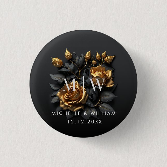 Black Gold Roses Gothic Monogram Wedding  Button (Front)