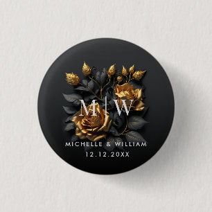 Black Gold Roses Gothic Monogram Wedding Button