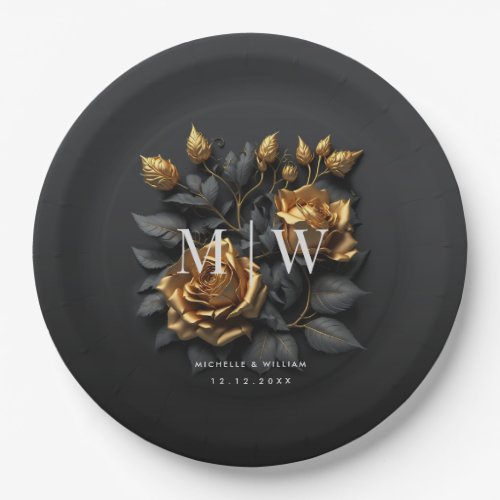 Black Gold Roses Gothic Monogram Wedding  Paper Plates