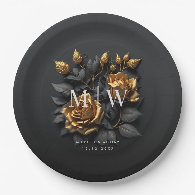 Black Gold Roses Gothic Monogram Wedding  Paper Plates (Front)
