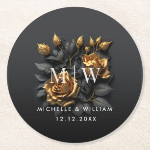 Black Gold Roses Gothic Monogram Wedding Round Paper Coaster