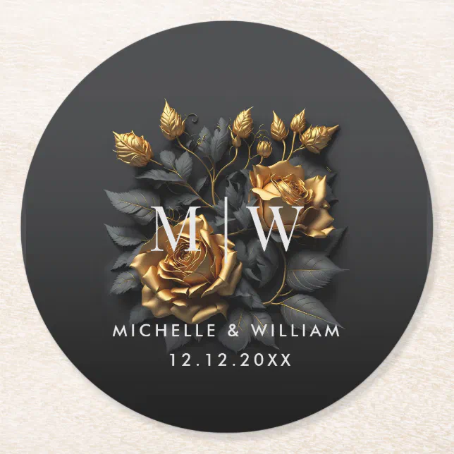 Black Gold Roses Gothic Monogram Wedding Round Paper Coaster | Zazzle