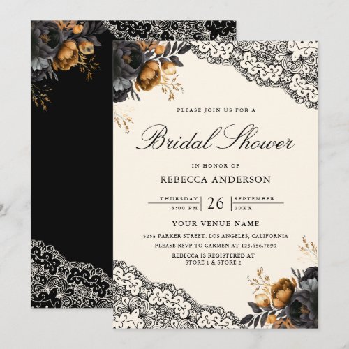 Black Gold Roses Lace Cream Gothic Bridal Shower Invitation