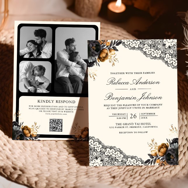 Black Gold Roses Lace Cream Gothic QR Code Wedding Invitation (Creator Uploaded)
