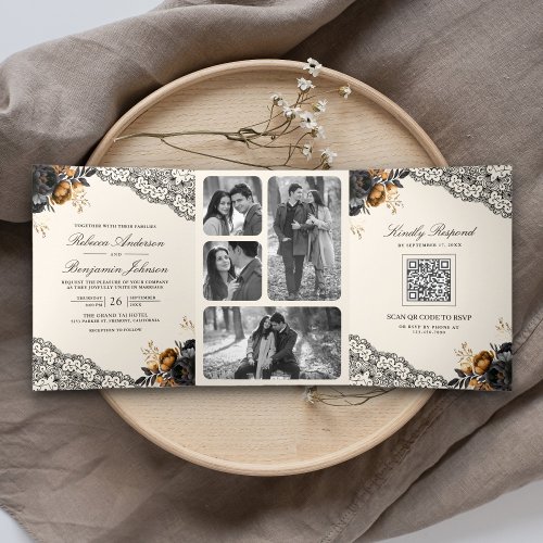 Black Gold Roses Lace Cream Gothic QR Code Wedding Tri_Fold Invitation